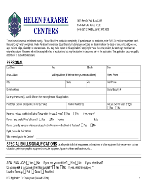 Helen Farabee Centers Employment Application