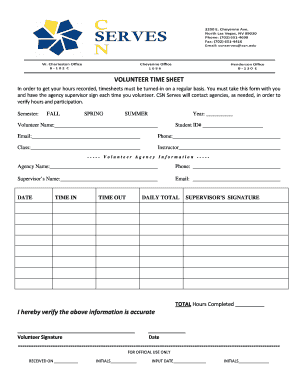VOLUNTEER TIME SHEET I hereby verify the above information is ... - csn