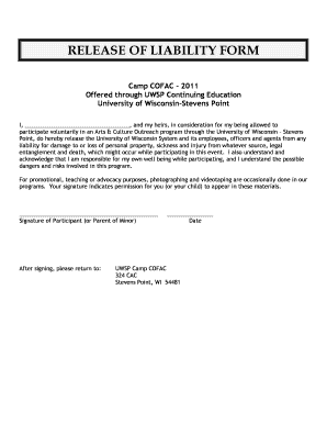 RELEASE OF LIABILITY FORM - University of Wisconsin - Stevens ... - uwsp