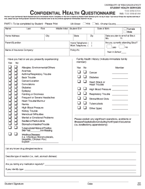 Confidential Health Questionnaire, UW-Stout, Student Health Services - uwstout