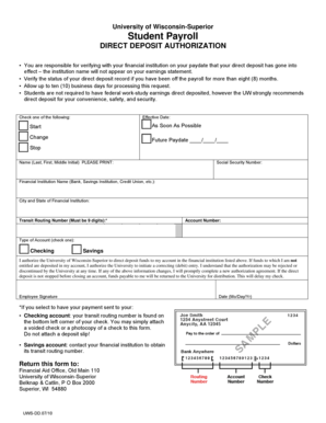 University of Wisconsin-Superior Student Payroll Direct Deposit Authorization