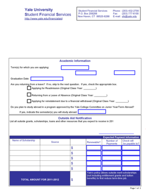 Yale University Financial Aid Application
