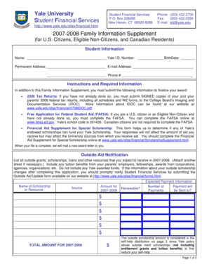 Yale 2007-2008 Family Information Supplement