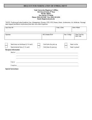 Yale University Enrollment Verification Form