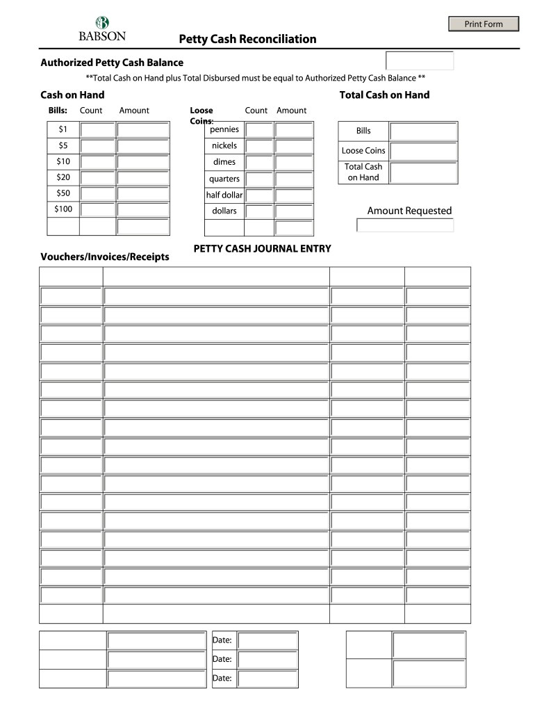 Babson Petty Cash Reconciliation Fill and Sign Printable Template
