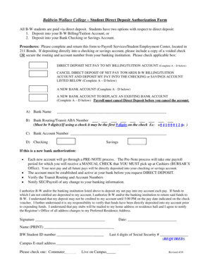 Baldwin-Wallace Student Direct Deposit Authorization