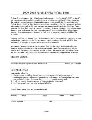2009-2010 Parent FAFSA Refusal Form