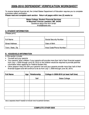 2009-2010 Dependent Verification Worksheet