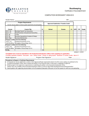 Bookkeeping Certificate of Accomplishment Requirements 2009-2010 Courses may be subject to prerequisites and minimum grade requirements