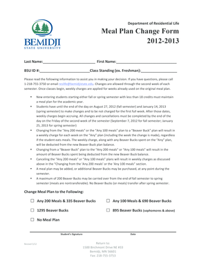 Meal Plan Change Form 2012-2013 - Bemidji State University - bemidjistate