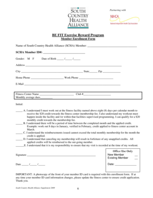 BE FIT Exercise Reward Program Member Enrollment Form