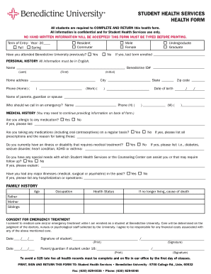 Benedictine University Student Health Form