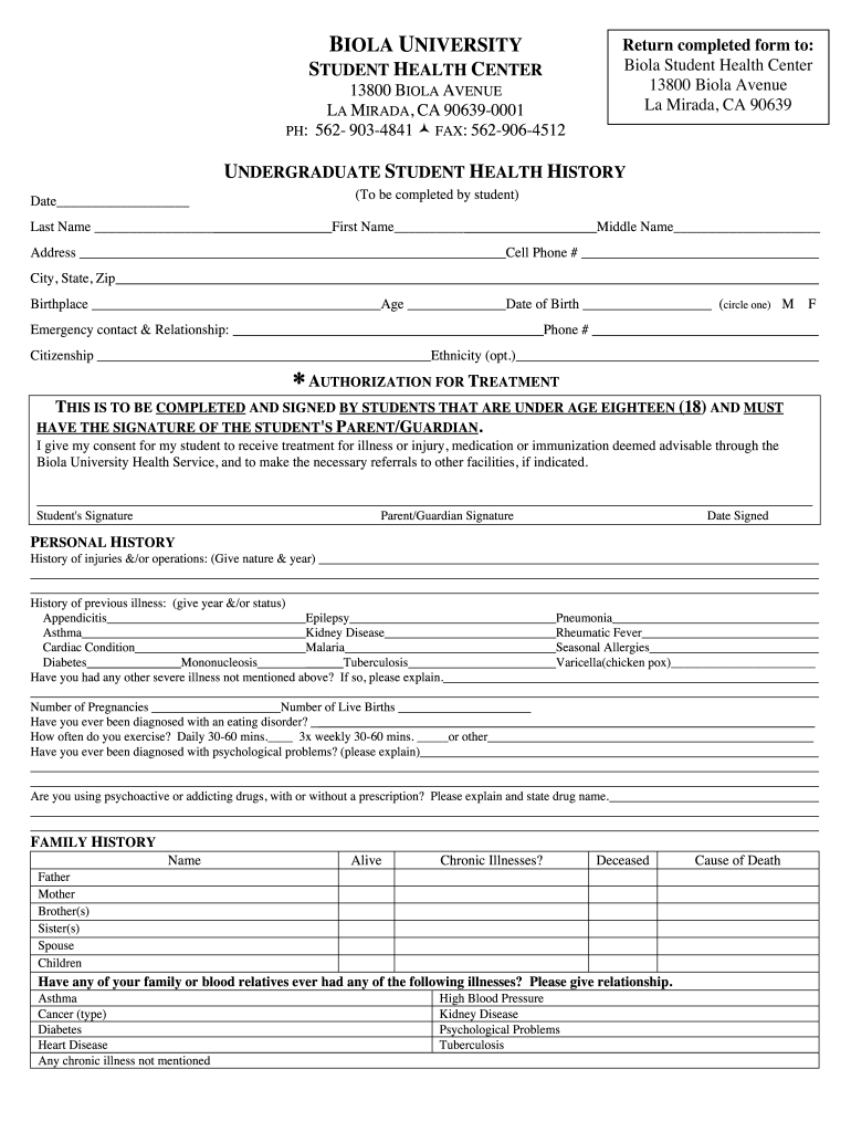 Undergraduate Physical Exam/Health History (PDF) Biola University biola Fill out & sign