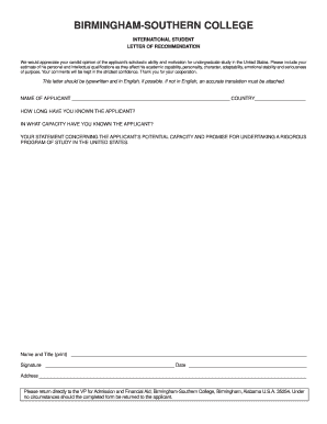 birmingham southern recommendation letter form