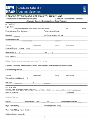 Bryn Mawr Graduate School Application Form