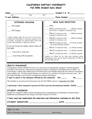 California Baptist University Student Data Sheet