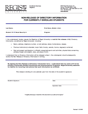 Non-Release of Directory Information Form