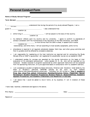 Study Abroad Personal Conduct Form