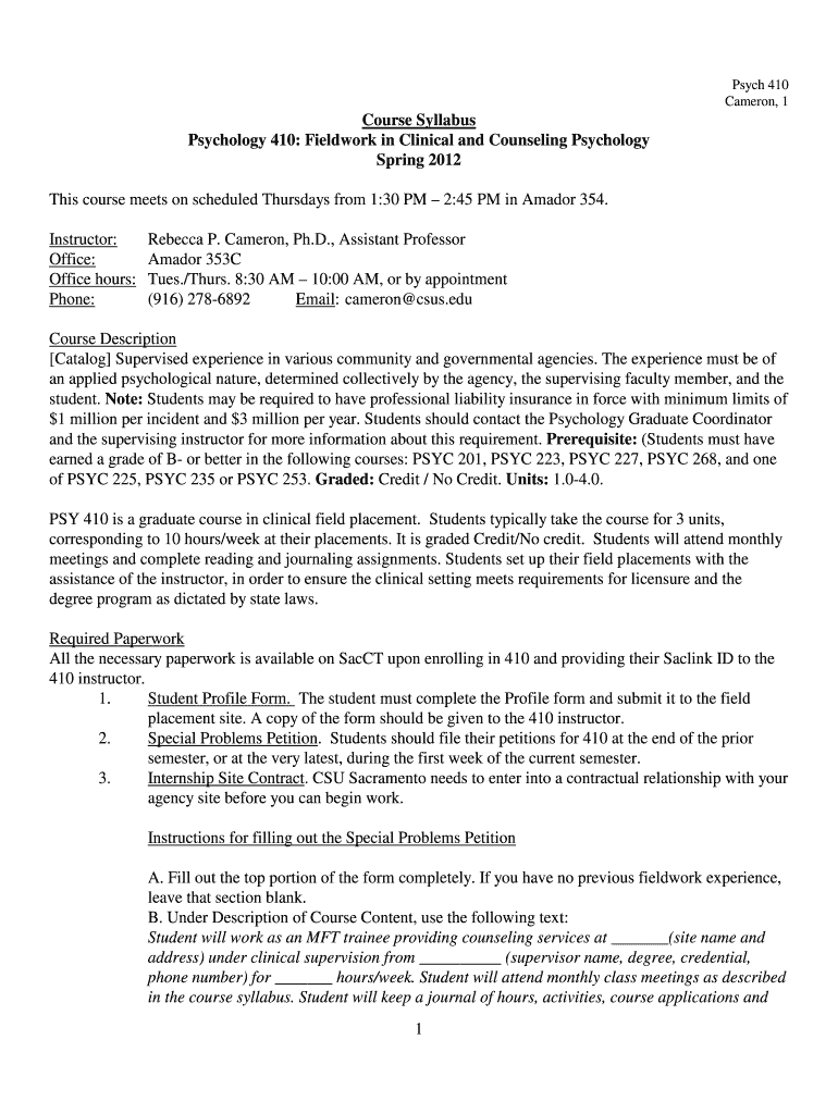 Fillable Online Psychology 410 Fieldwork in Clinical and Counseling
