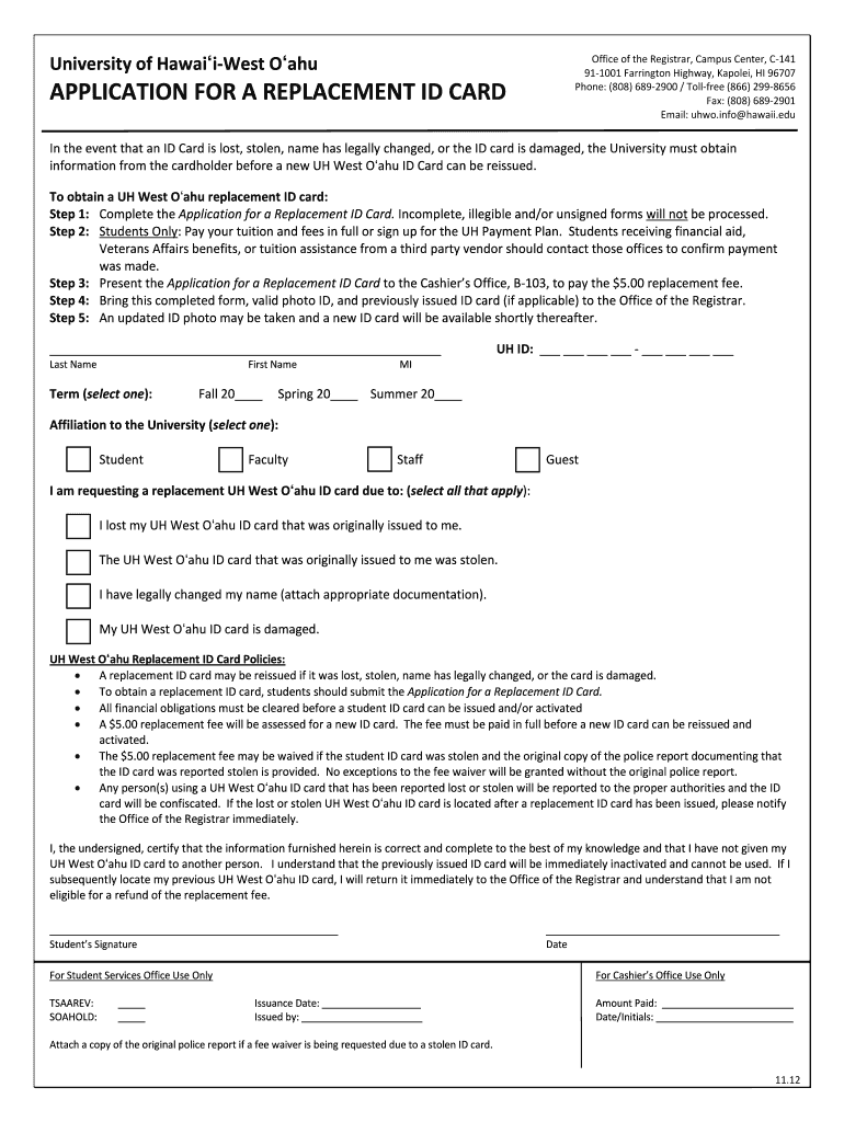 Fillable Online uhwo hawaii Application for a replacement id card