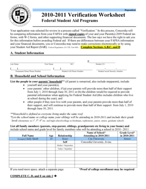 2010-2011 Verification Worksheet