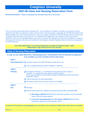Creighton University Class and Housing Reservation Form