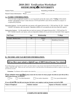 2010-2011 Verification Worksheet