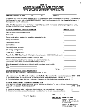 Hope College Asset Summary Form
