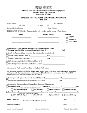 Howard University Financial Aid Award Adjustment Form