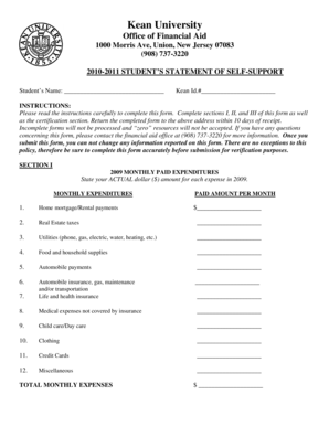 Kean University Student’s Statement of Self-Support