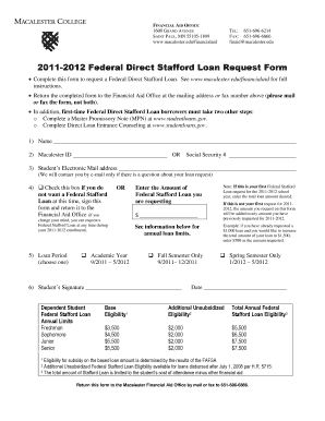 2011-2012 Federal Direct Stafford Loan Request Form