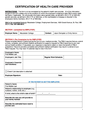 FMLA Certification of Health Care Provider