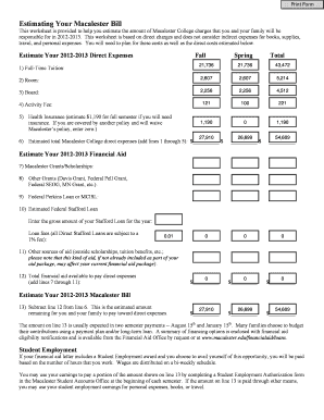 Macalester College 2012-2013 Bill Estimation Worksheet