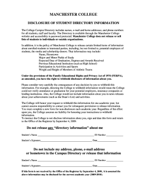 Manchester College Student Directory Information Disclosure Form