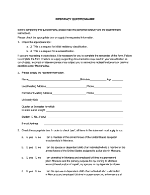 Montana Residency Questionnaire