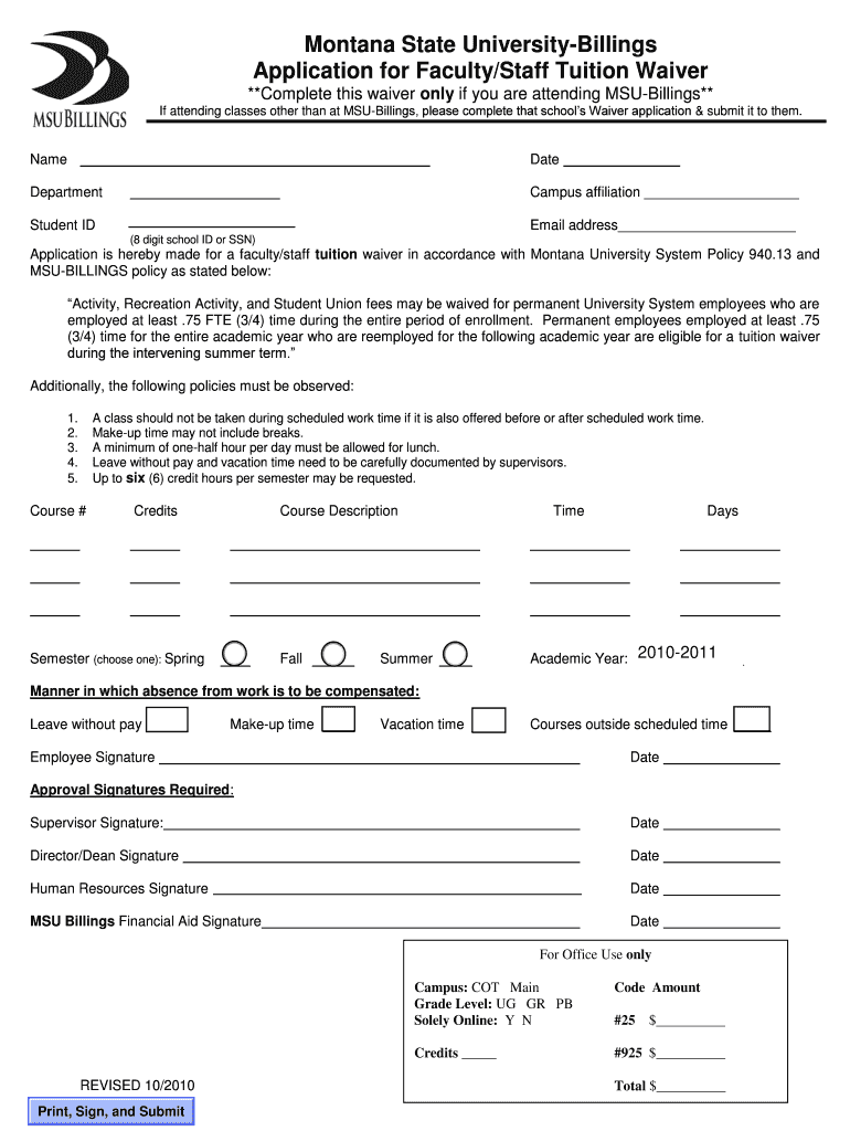 Montana State University Billings Application for Faculty Staff Tuition Preview on Page 1