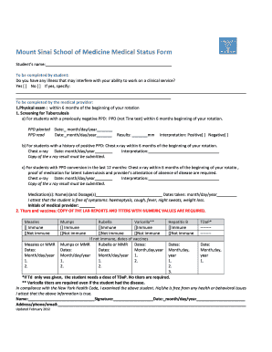 Mount Sinai School of Medicine Medical Status Form - mssm