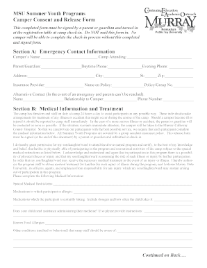 MSU Summer Youth Programs Camper Consent and Release Form