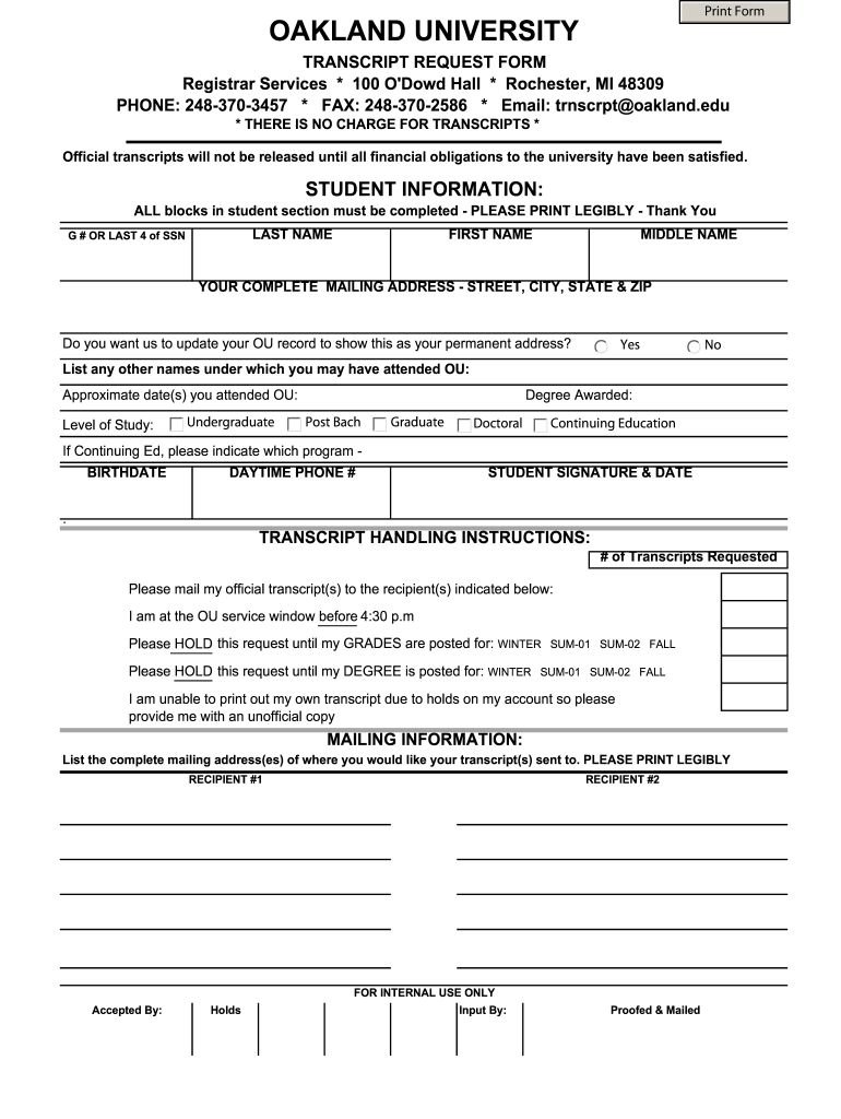 Oakland University Transcript Request Fill Online Printable 