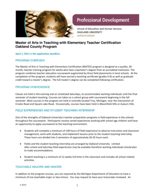 Master of Arts in Teaching with Elementary Teacher Certification Oakland County Program - oakland