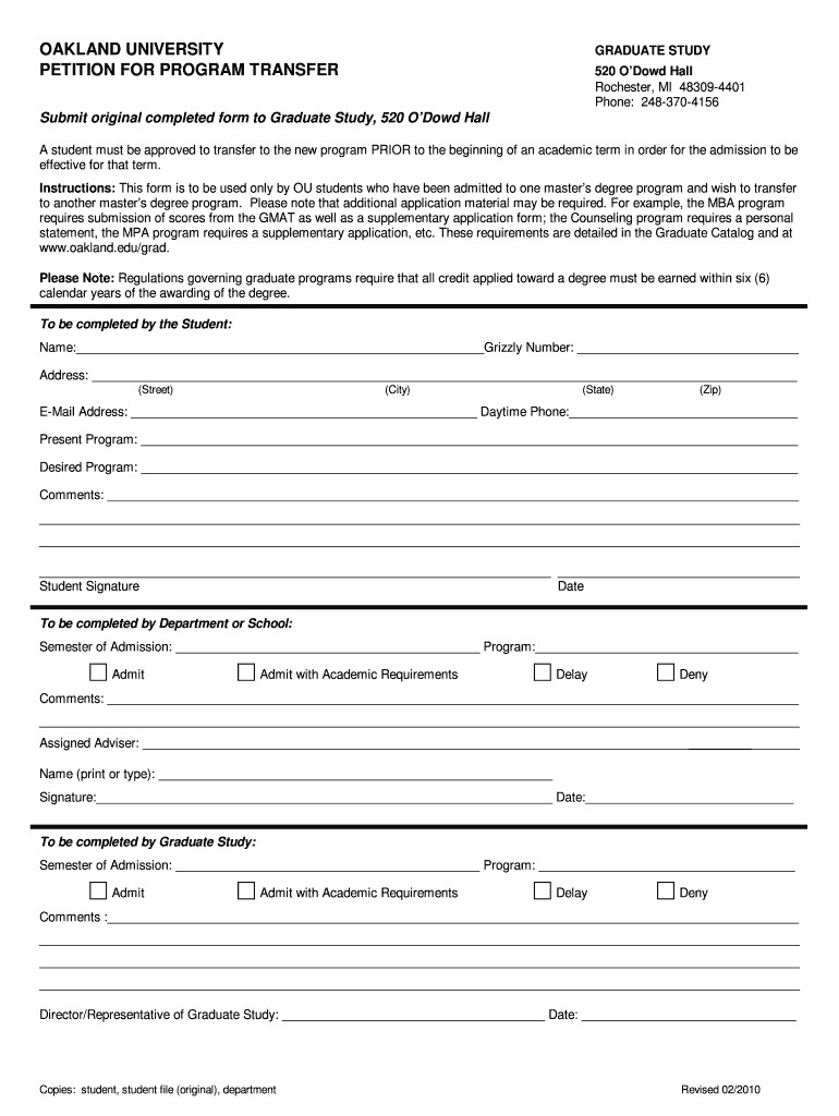 OAKLAND UNIVERSITY PETITION FOR PROGRAM TRANSFER - oakland Preview on Page 1