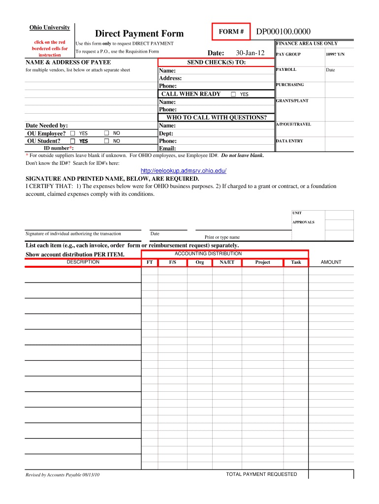 Direct Payment Form - Ohio University - ohio Preview on Page 1