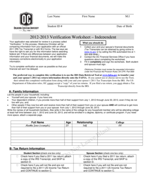 2012-2013 Verification Worksheet – Independent