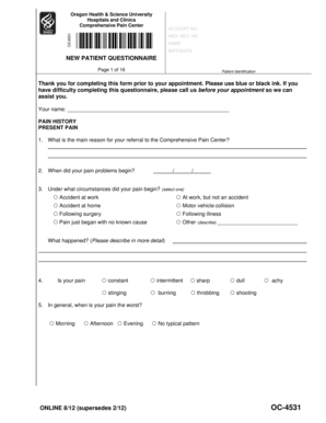 Oregon Health Pain Center New Patient Questionnaire