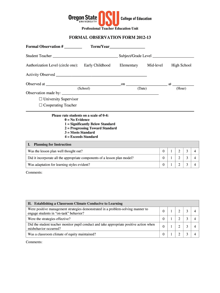 Professional Teacher Education Unit FORMAL OBSERVATION FORM 2012-13 Formal Observation # Term Year S Preview on Page 1
