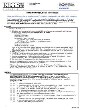 2008-2009 Institutional Verification Form