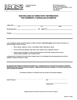 Non-Release of Directory Information Form