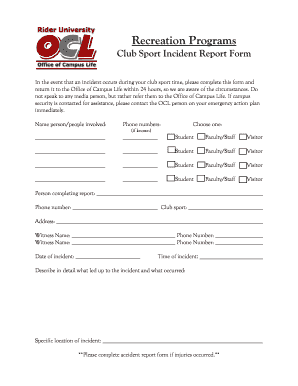 Spill report form - Recreation Programs Club Sport Incident Report Form - rider