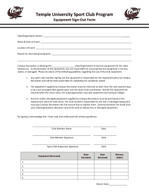 Temple University Sport Club Program Equipment Sign-Out Form - temple