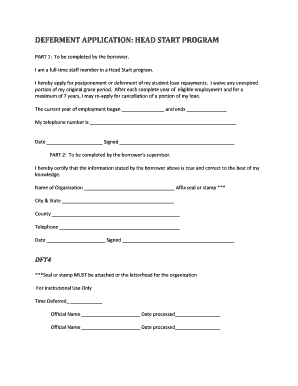 Head Start Program Deferment Application